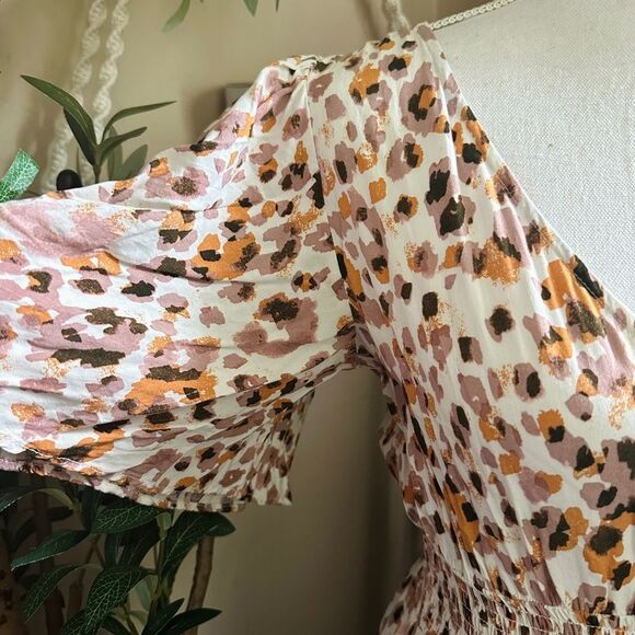 Lola Grace Pink Orange Leopard Print Button Down Smocked Flutter Sleeve Dress - Picture 3 of 10